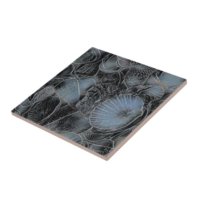 Seashells Ocean Beach Pastel Blue Black Nautical Fliese (Seite)