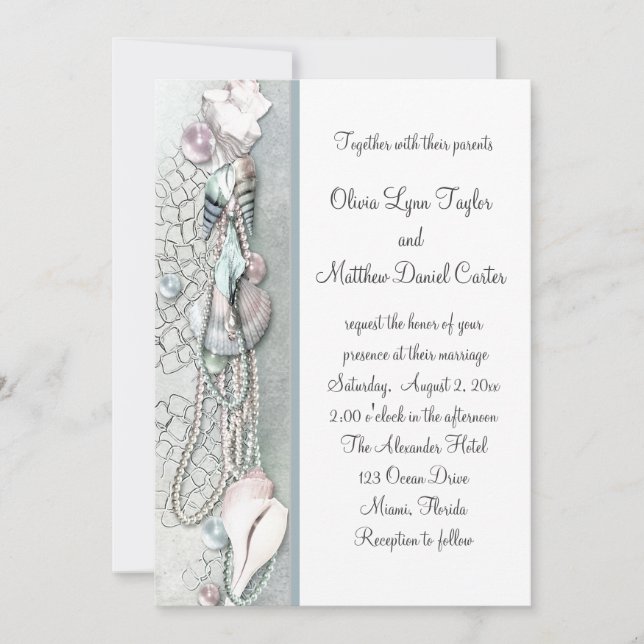 Seashells Pearls Beach invitations de mariage (Devant)