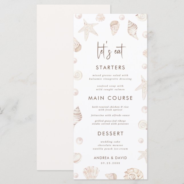 Seashells & Pearls Coastal Beach Seafront Wedding  Menükarte (Vorne/Hinten)