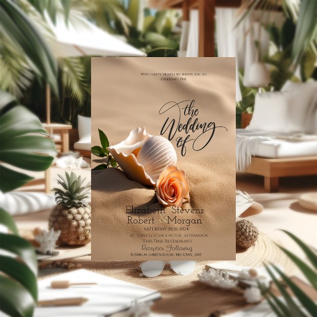 Seashells Rose Sand Beach Wedding Einladung (Von Creator hochgeladen)
