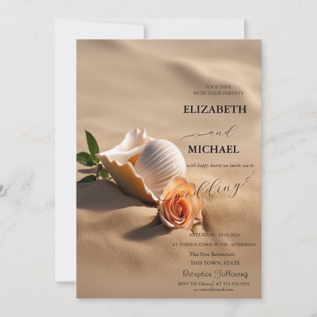 Seashells Rose Sand Wedding Einladung (Vorderseite)