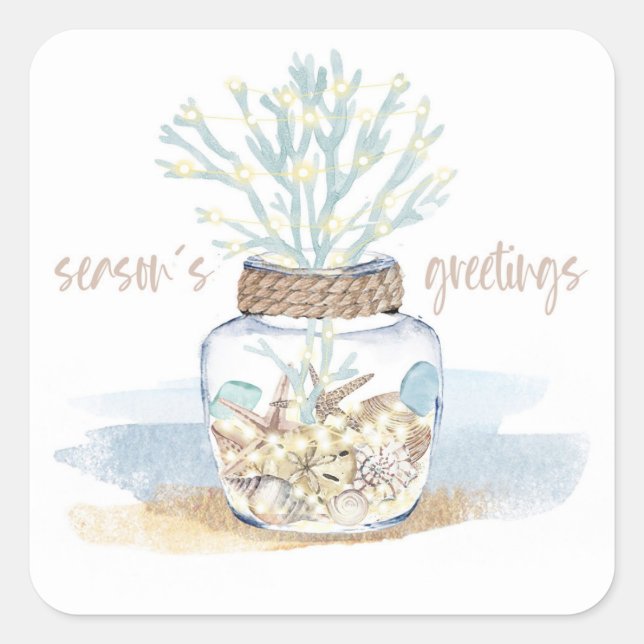 Seashells & Sea Glass | Coastal Christmas Bouquet Quadratischer Aufkleber (Vorderseite)