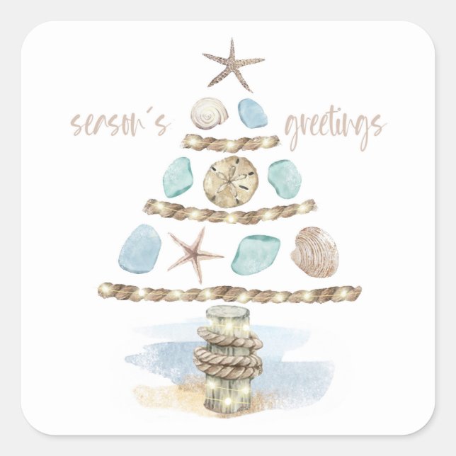 Seashells & Sea Glass | Weihnachtsbaum an der Küst Quadratischer Aufkleber (Vorderseite)