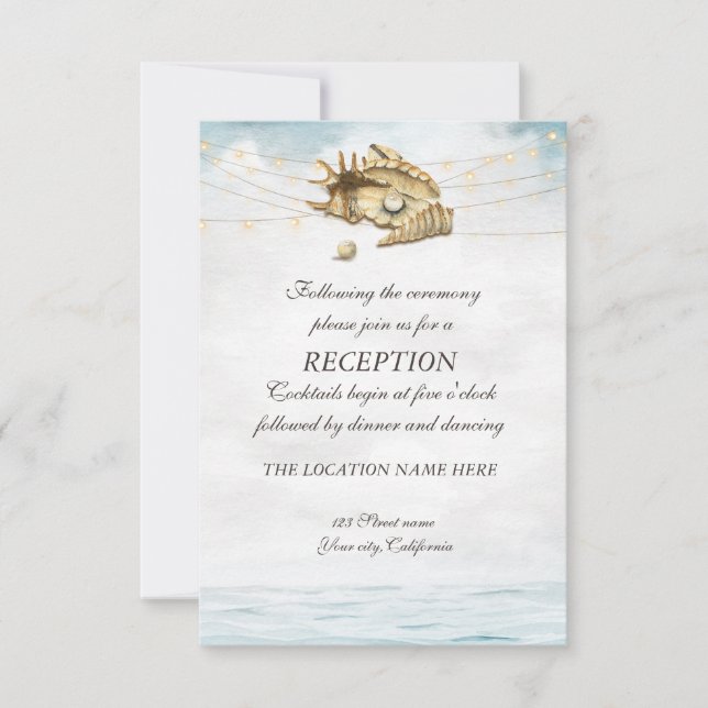 Seashells, Sea, String Lights Script Empfang Einladung (Vorderseite)