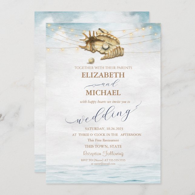 Seashells, Sea, String Lights Script Hochzeit Einladung (Vorne/Hinten)