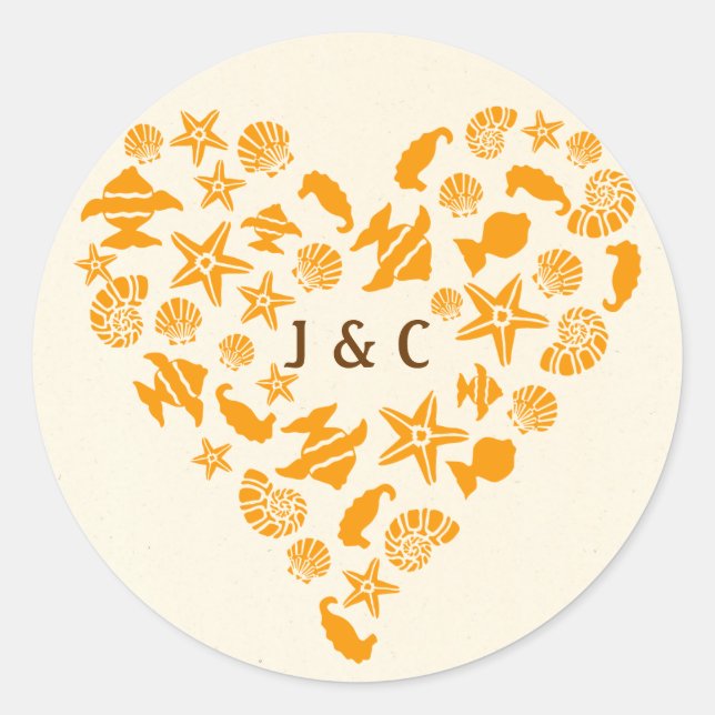 Seashells & Starfish Heart Summer Beach Hochzeit Runder Aufkleber (Vorderseite)