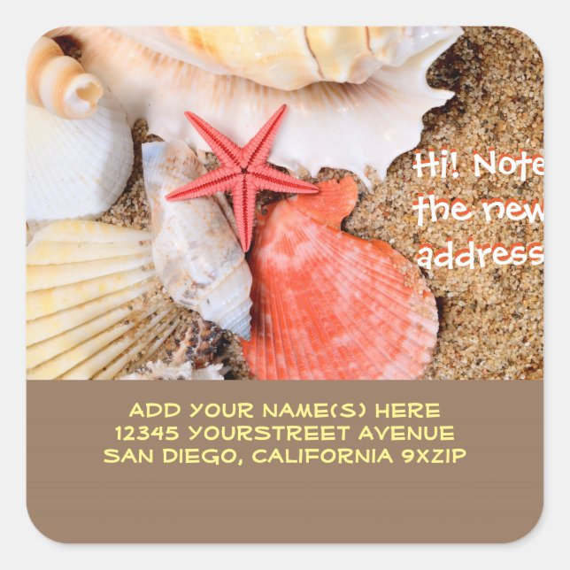 Seashells Starfish Sandy Beach Rücksendeadresse Quadratischer Aufkleber (Vorderseite)