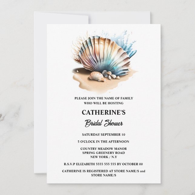 Seashells Wassersport Sand Strand iridescent chic Einladung (Vorderseite)