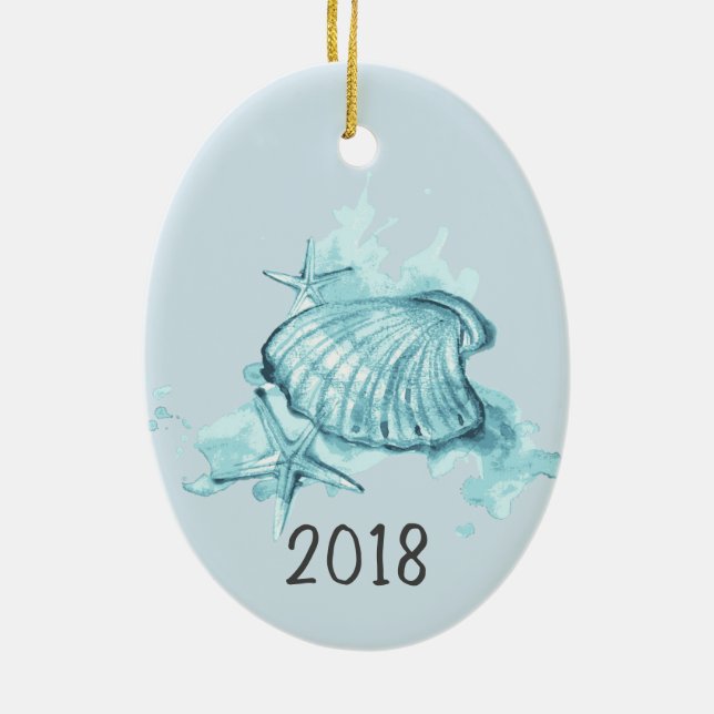Seashells Watercolor Keepake Year Keramik Ornament (Hinten)