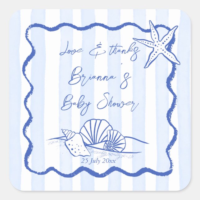 Seashells Wavy Blue Strips Baby Dusche Gefallen Quadratischer Aufkleber (Vorderseite)