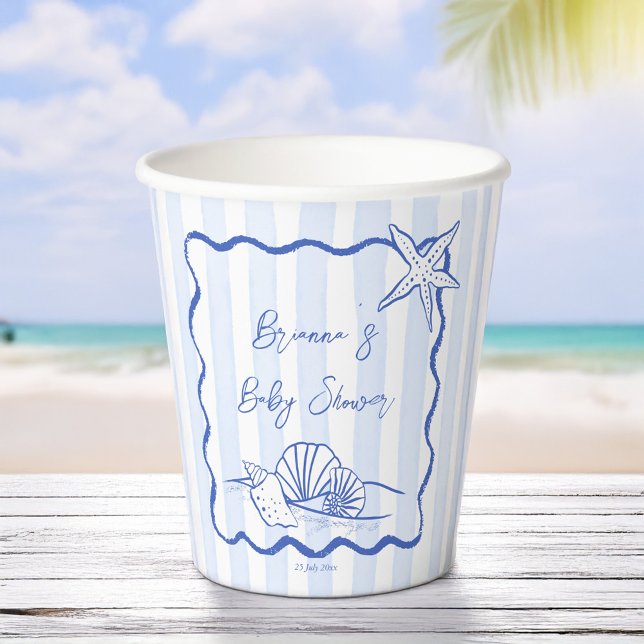 Seashells Wavy Border Blue Strips Babydusche Pappbecher (Seashells wavy border blue stripes beach nautical baby shower personalized paper cups)