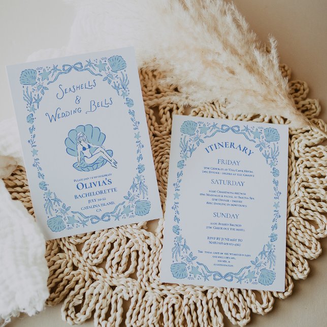 Seashells Wedding Bells Whimsical Bachelorette Blu Einladung (Seashells Wedding Bells Whimsical Bachelorette Blue Invitation)
