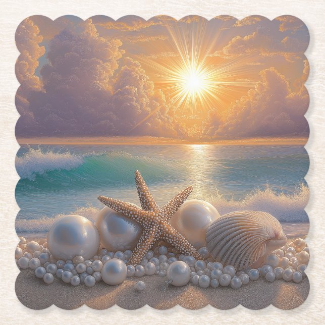 Seashore Ocean Sunset Seashells Pearls Untersetzer (Vorderseite)