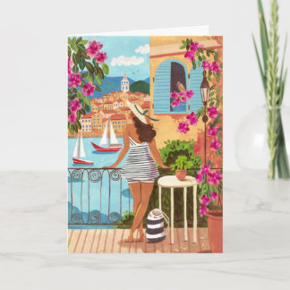 Seaside Balcony Woman Illustration Art Greeting Karte