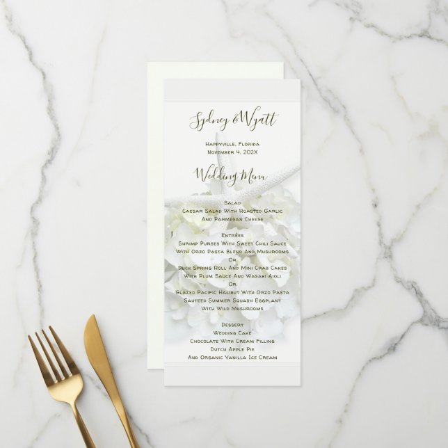 Seaside Garden Starfish Tall White Wedding Menu Menükarte (Vorderseite/Rückseite Beispiel)