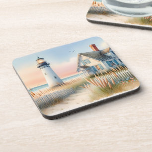 Seaside Lighthouse & Cottage Watercolor Scene Getränkeuntersetzer