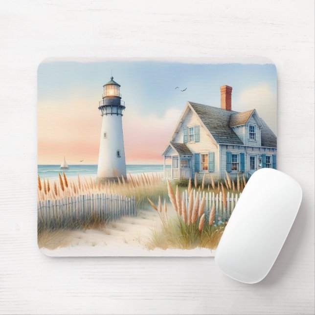 Seaside Lighthouse & Hütte Aquarell Mousepad (Mit Mouse)