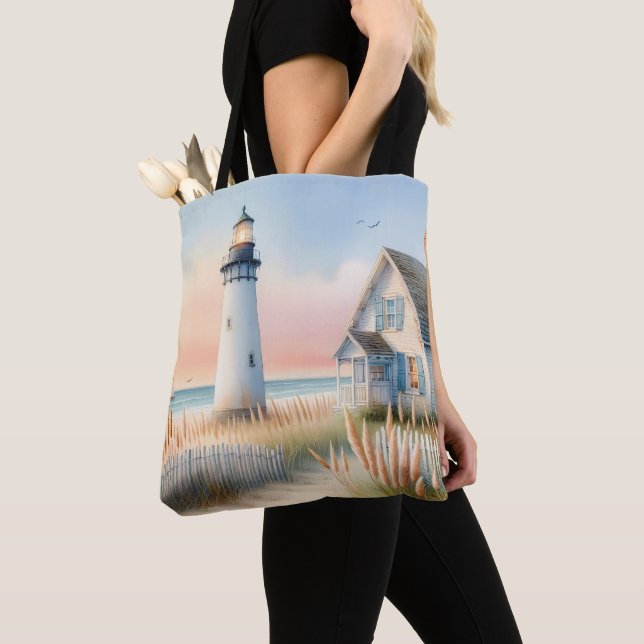 Seaside Lighthouse & Hütte Aquarell Tasche (Von Nahem)