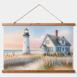 Seaside Lighthouse & Hütte Aquarell Wandteppich Mit Holzrahmen