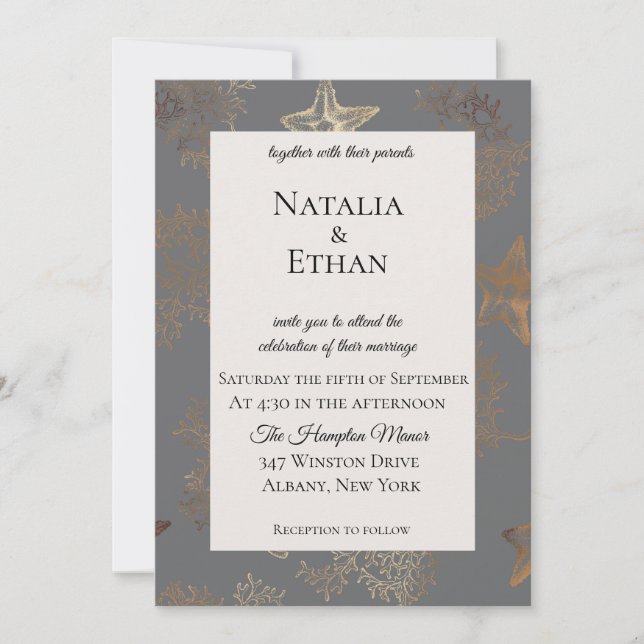 Seaside Llow Starfish Corail Faire-part de mariage (Devant)