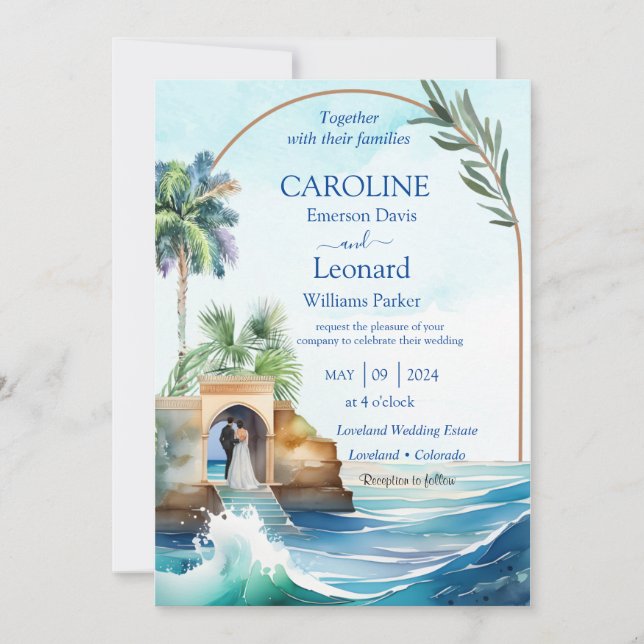 Seaside Love: Tropical Beach Wedding Invitation Einladung (Vorderseite)