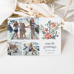 Seaside | Nautical Holiday Photo Collage Card Feiertagskarte<br><div class="desc">Cute coastal themed holiday photo card features three photos in a collage layout, alongside a watercolor anchor illustration decorated with poinsettia flowers, red starfish and colorful Christmas greenery. "Seas and greetings" appears beneath, along with your names and the year. Add an additional photo and optional message to the reverse side...</div>