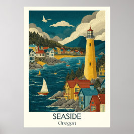 Seaside Oregon Vintag Beach Lighthouse Reisen Art Poster
