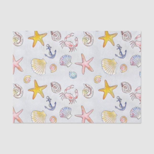 Seaside Seashells Starfish Wasserfarbmuster Seidenpapier (Vorderseite)