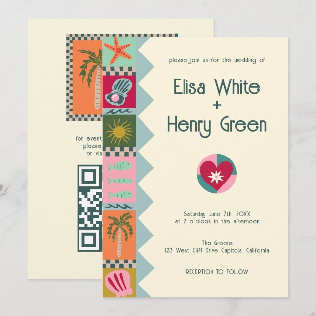 Seaside Soiree Moderne Niedliche CUSTOM QR Wedding Einladung (Vorne/Hinten)