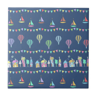 Seaside Town Sail Boats and Bunting Pattern Blue Fliese