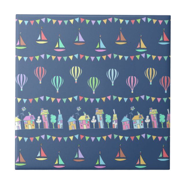 Seaside Town Sail Boats and Bunting Pattern Blue Fliese (Vorderseite)