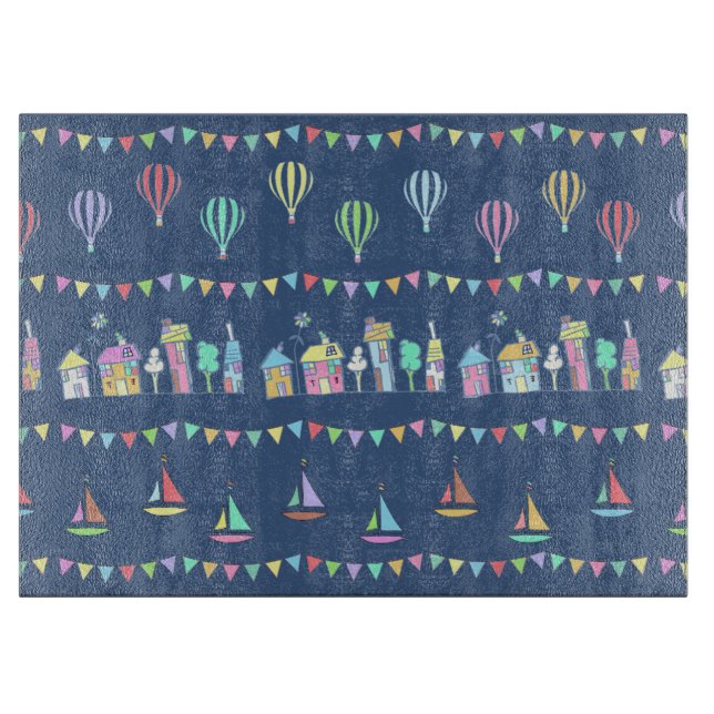 Seaside Town Sail Boats and Bunting Pattern Blue Schneidebrett (Vorderseite)
