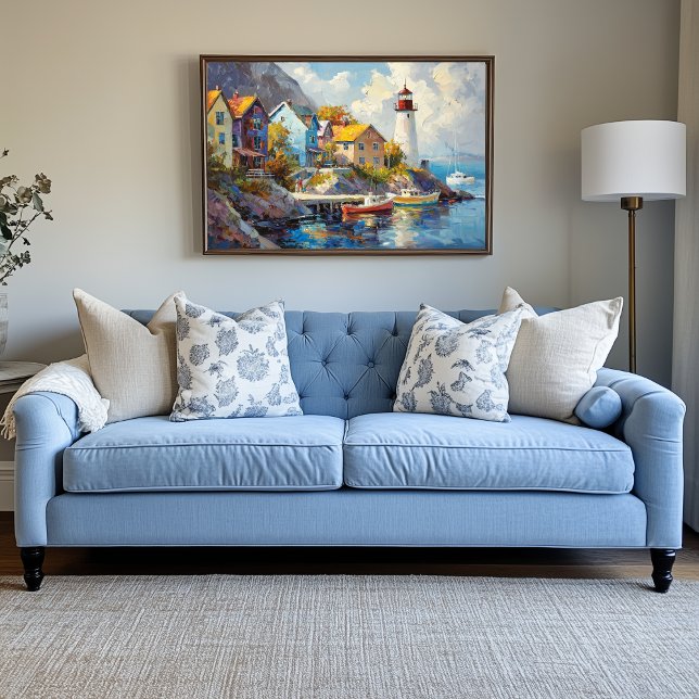 Seaside Village with Colorful Houses & Lighthouse Leinwanddruck (Fishing Village Artwork)