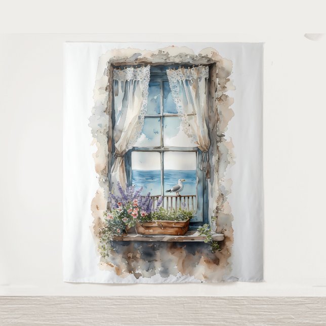 Seaside Window View Watercolor Coastal Scene Wandteppich (Vorderseite)
