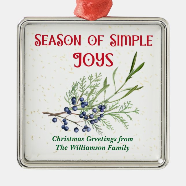 Season of Simple Joys Blue Juniper Christmas Ornament Aus Metall (Vorne)