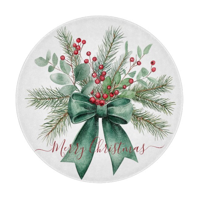 Seasonal Greenery with Red Script Holiday Message Schneidebrett (Vorderseite)
