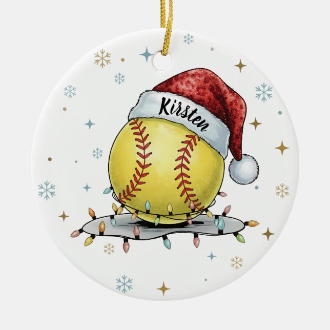 Seasonal Sparkle: Softball with Santa Hat  Keramik Ornament (Vorne)