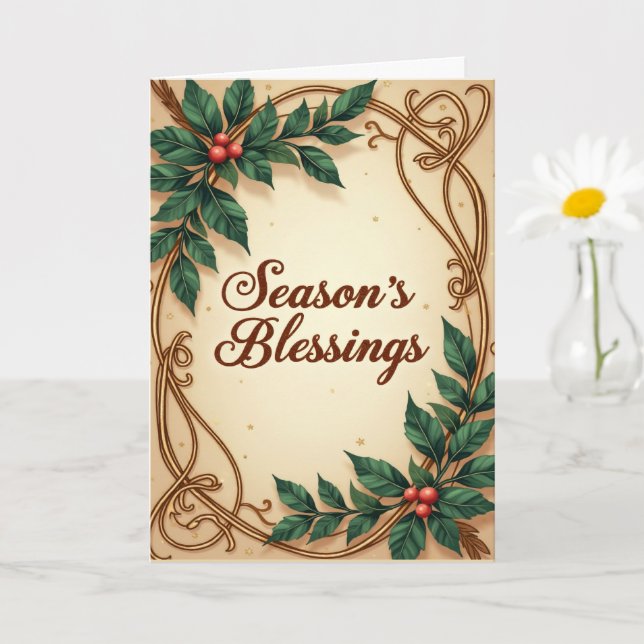 Seasons Blessings Elegant Green and Gold Christmas Karte (Kleine Pflanze)