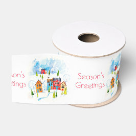 Season's Greetings Aquarellfarben Schneestadt Ripsband