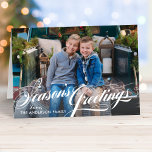 Seasons Greetings Elegant Calligraphy Script Photo Feiertagskarte<br><div class="desc">Folded photo card features an elegant white "Season's Greetings" calligraphy script overlay design with custom text that can be personalized with your name(s), the year, and a favorite landscape style photo. The inside of the card includes additional text that can be personalized with a custom message. Photo credit: Sunbeam Photography...</div>