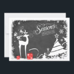 Season's Greetings Holiday Card | Falscher Chalkbo Feiertagskarte<br><div class="desc">This inexpensive and festive black and white fake chalkboard "Season's Greetings" Christmas or Holiday card has a maler deer with antlers adorned with holly and berries, red and whts with ribbons, snowflakes, stars and a variety of Christmas trees on a chalkboard background with Snowy Border, wir gehen. This would be...</div>