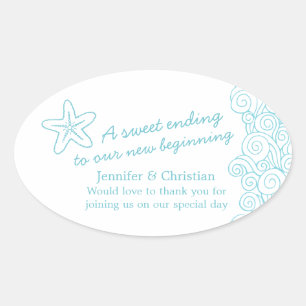 Seastar Swirl Aqua weiße Hochzeitscreme Ovaler Aufkleber