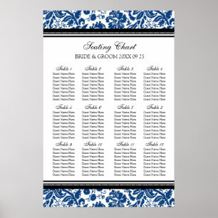 Seating Chart 12 Tables 96 Guest Blue Black Damask Poster