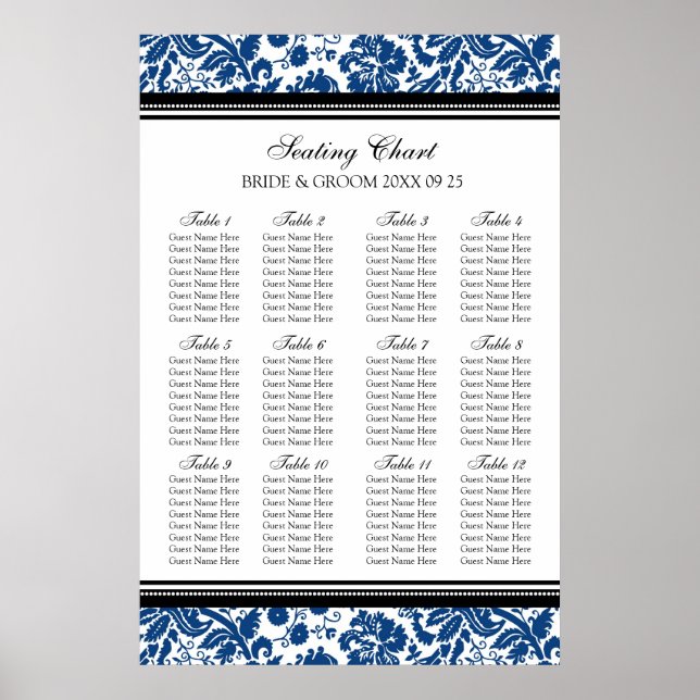 Seating Chart 12 Tables 96 Guest Blue Black Damask Poster (Vorne)