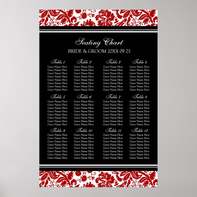 Seating Chart 12 Tables 96 Guest Red Black Damask Poster (Vorne)