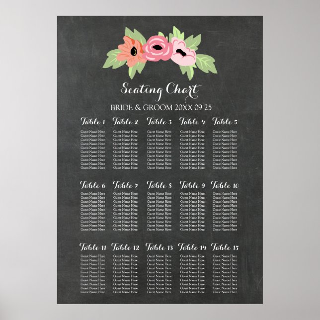 Seating Chart 15 Tabelle 150 Guest Chalkboard Flor Poster (Vorne)
