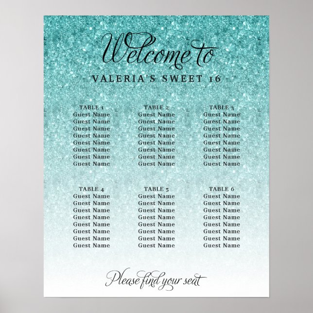 Seating Chart Aqua Blue Glitter Poster (Vorne)
