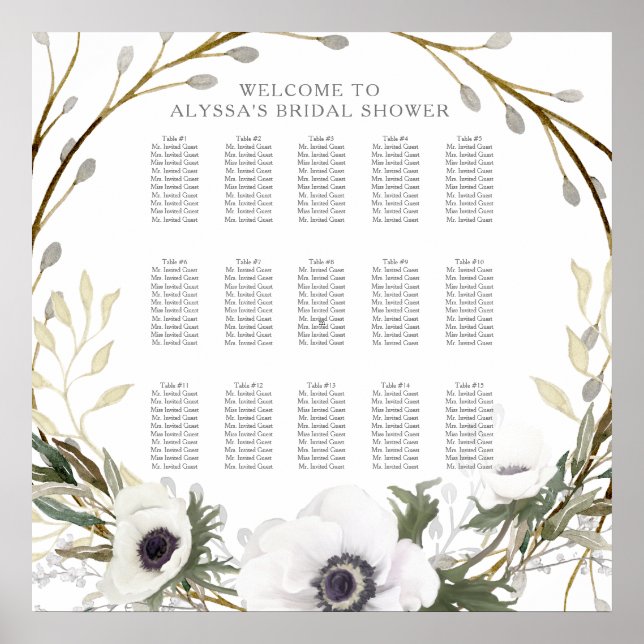 Seating Chart Elegante White Anemone Willow Floral Poster (Vorne)