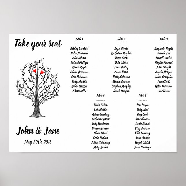 Seating Chart Poster - Baum und rote Herzen Design (Vorne)
