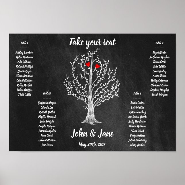 Seating Chart Poster - Baum und rote Herzen Design (Vorne)
